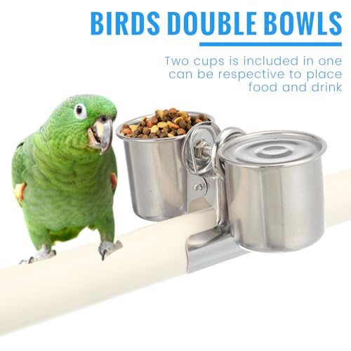 Tioncy 2 Pcs Clip on Water Bowl for Birds Parrot Feeding Double Cups Dishes Hanging Stainless Steel Food Water Bowls with Clip Pet Animal Feeder Cup Holder for Cage Coop Perches Play Stand Accessories