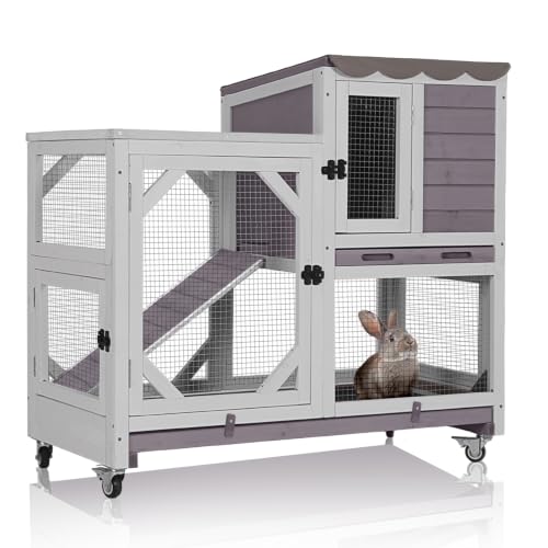 GUTINNEEN 2-Story Rabbit Hutch Indoor Bunny Cage Outdoor Guinea Pig House Wooden Small Animal Cage with Chew-Proof Ramp, Leak-Proof Tray, Lockable Wheels for 2-4 Rabbits, Guinea Pigs (Grey) - size: 39.3"L x 22.0"W x 36.8"H