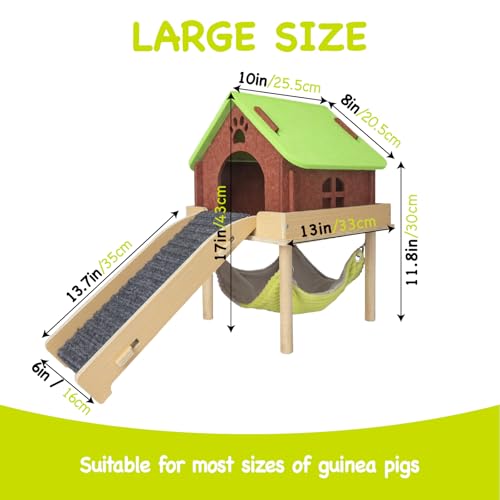 BESNEW 3 in 1 Enlarged Guinea Pig Hammock,Wooden Guinea Pig Hideout with House & Platform & Stairs Small Animal Toys for Hiding Sleeping Activities - color: Green Roof