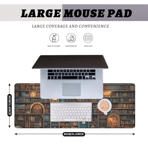 Shelves Desk Pad Mouse Pad Retro Old Bookshelf Bookcase Library Large Gaming Mouse Mat with Stitched Edges,Non-Slip Waterproof Rubber Base Mous Mat Office Computer Keyboard Laptop Home 31.5"x11.8" - color: Shelves, size: 31.5L x 11.8W inches