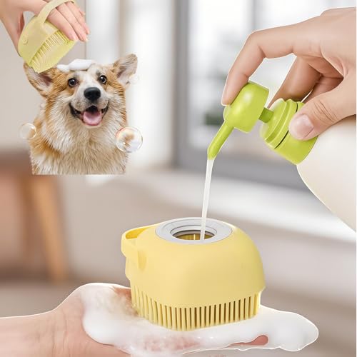 Soft Silicone Pet Brush - Invigorating Massage & Easy Cleaning for Dogs and Cats - Built-In Shower Gel Dispenser for Pampering Grooming Sessions - color: Yellow