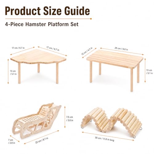 Hamster Platform, 4-Piece Set with Hamster Tunnel, Climbing Toys and Fence | Wooden Hamster Cage Accessories, Climbing Play, Hideout Tunnel, Bendable Fence, for Syrian Dwarf Hamsters, Gerbils and Mice