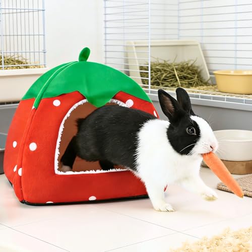 Rabbit Hideout, Washable Bunny Bed with Removable Pee Pad, Plush Indoor Rabbit House, Adorable Strawberry Design Small Animal Hideaway for Guinea Pig, Red - color: Red