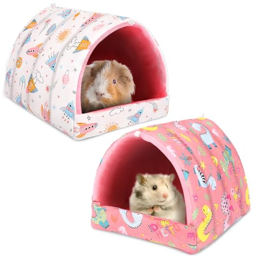 UPINS 2 Pack Guinea Pig Bed, Guinea Pig Hideout Washable Small Animal House Cage Accessories for Dwarf Rabbits Chinchillas Hamsters Hedgehogs Ferrets Bearded Dragons and Rats - color: Pink White, size: 9.84 x 9.84 inch