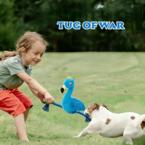 Flamingo Dog Toy, Squeaky Plush Rope Toy for Tug and Play | Fun sound stimulation for chewing, shaking and active play - color: Blue Flamingo
