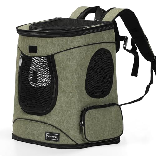 Petsfit Dog and Cat Backpack Carrier, Padded Waist Support, Up to 18 lb | 13.5 x 12.5 x 17.5 in; reinforced frame, 600D Oxford, 4 mesh panels, lockable zippers, safety tether and washable mat. - color: AGreen