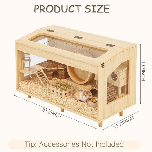 Wooden Hamster Cage, 31.5" Large Small Animal Cage with 19.7" Tall Habitat, Openable Top, Chew-Resistant Acrylic Panels, Wood Enclosure for Gerbil & Guinea Pig (31.5 * 15.75 * 19.7 inch) - size: 31.5"L x 15.8"W x 19.7"H