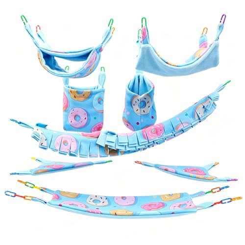 8 Pcs Sugar Glider Cage Set, Small Animal Fleece Hammock Set, Hanging Bed, Climbing Bridge and Toys for Sugar Gliders, Fancy Rats, Squirrels,Ferrets,Blue7126-2 - color: Blue