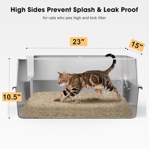 FURTIME Stainless Steel Cat Litter Box, Large Cats Metal Litter Box | High-Sided Open-Top Easy-Clean Litter Pan, Non-Stick, Anti-Leakage, Odor-Free, Comes with Scoop & Mat, 23"×15"×10.5" - color: Silver, size: Large