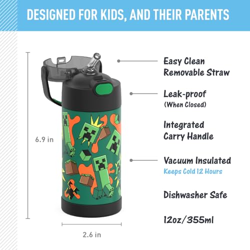 THERMOS FUNTAINER Water Bottle with Straw, 12oz, Minecraft | Kids Stainless Steel Insulated Water Bottle, Keeps Drinks Cold Longer for School & Play, BPA-Free - color: Minecraft, size: 12 Ounces