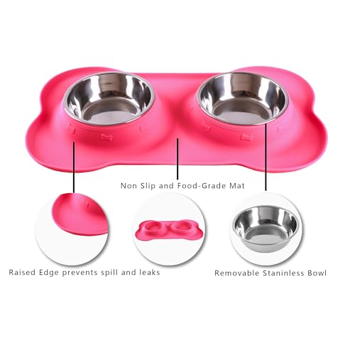 Hubulk Pet Dog Bowls 2 Stainless Steel Dog Bowl with No Spill Non-Skid Silicone Mat + Pet Food Scoop Water and Food Feeder Bowls for Feeding Small Medium Large Dogs Cats Puppies (S, Pink) - color: Pink, size: Small