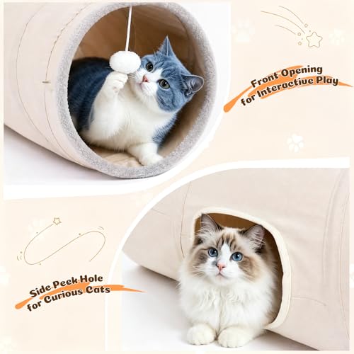 Ownpets S-Shape Cat Tunnel Toy 48"L x 12"D, for Cats, Puppies & Small Pets | Collapsible for storage, tear-resistant oxford fabric, connects to other tunnel, with peek hole, feather wand, indoor/outdoor - size: 12 Inches in Diameter