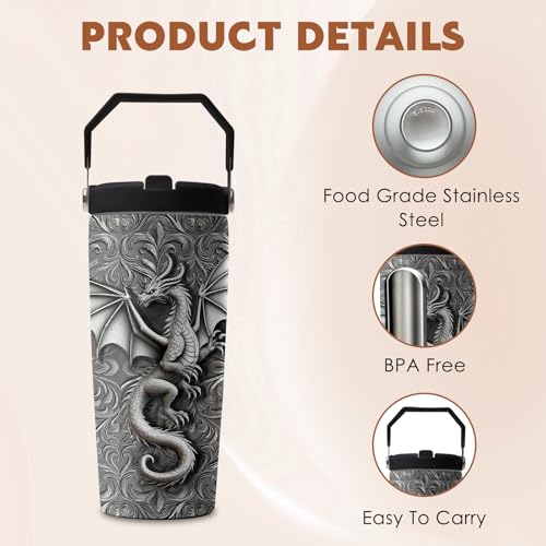 Dragon 28 oz Tumbler, with Handle Lid Straw, Stainless Steel Cup | 28oz Insulated Tumbler, Travel Leak Proof Water Bottle, Thanksgiving Christmas Birthday Gift for Men Brother Dad Dragon Lover - color: Dragon
