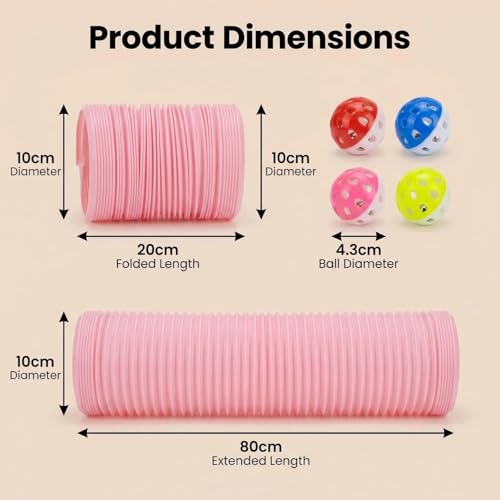 Hamster Collapsible Tunnel Tube Toys with 4 Bell Balls, Expandable Small Animal Hideout Exercise Toy 7.8inch Unextended 32.7inch Extended for Guinea Pig Gerbil Rat Ferret (Pink) - color: Pink