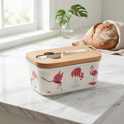Cute Flamingo Print Ceramic Butter Dish with Bamboo Lid & Butter Knife, Covered Butter Keeper Container Fits Standard Western Butter Stick for Kitchen Countertop Fridge Storage - color: Flamingo