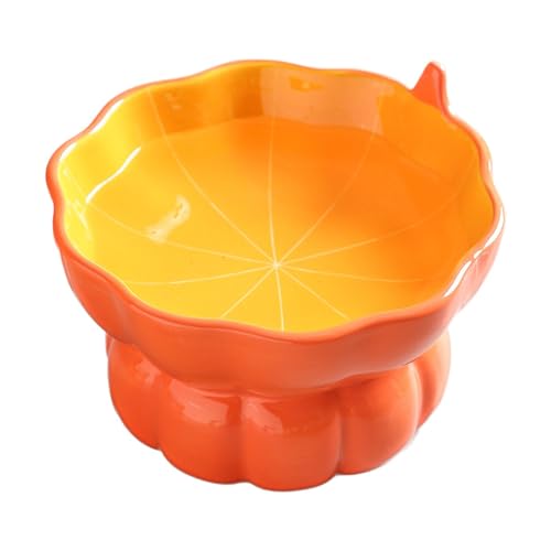 Cute Pumpkin Shaped Raised Ceramic Cat Water Bowl, 9 oz | Whisker Friendly, Anti Vomiting, Elevated Design, Indoor Cats - color: Orange