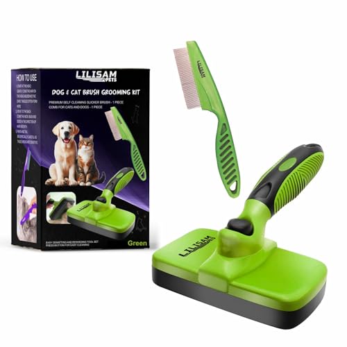 Pet Self Cleaning Slicker Brush and Grooming Comb - Gently Removes Loose Hair, Tangles, and Dirt - Skin Friendly Deshedding Grooming Tool for Hair Dogs & Cats - Pet Supplies Accessories (Green) - color: Green