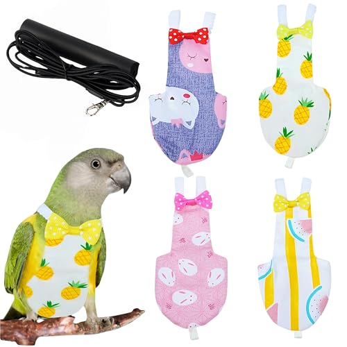 2Pcs Bird Diapers Bird Harness Flight Suits Diapers with 80 Inch Flying Leash Parrot Nappy Washable Cute Urine Wet Suit for Cockatiel Conure Macaw Budgies Parakeet-Rabbit&Kitten,M - size: M