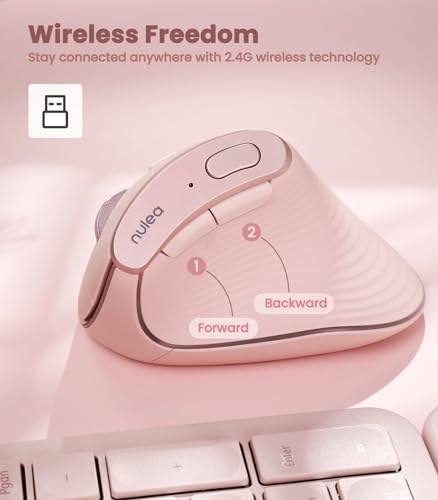 Nulea M510 Vertical Mouse Wireless, Ergonomic Mouse for Comfy Tracking, 3 Adjustable DPI (800-1200-1600), 2.4G Wireless Vertical Mouse with 6 Buttons, Compatible with Windows, Mac OS, Laptop, PC,Pink | 2.4G Rechargeable Mouse,Long Battery Life, Lightweigh