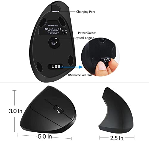 Ergonomic Mouse, High Precision Vertical Wireless Mouse, Rechargeable 2.4GHz Optical Vertical Mice, 3 Adjustable DPI 800/1200/1600 DPI, for Laptop, PC, Computer etc, Specially for Right-handers - color: Black - Right hand - rechargeable