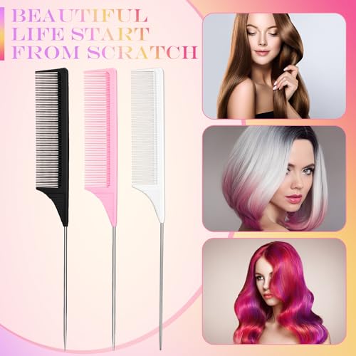 Leinuosen 3 Pack Rat Tail Comb Carbon Fiber,Black, Pink, White | Steel Pin Tail for Sectioning, Heat Resistant Teasing, Pick Comb for Women Wig Styling, Fishtail Design for Salon Updos - color: Black, Pink, White