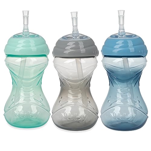 Nuby 3 Piece No-Spill Easy Grip Cup with Flex Straw, Clik It Lock Feature, Neutral, 10 Ounce - color: Blue, Gray, & Aqua