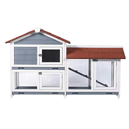 GDLF 62" Rabbit Hutch, Bunny Hutch Indoor Outdoor with Ramp, Cleaning Tray | 62"L x 21"W x 37"H, 2-Level Wooden Design with Stairs, Removable Cleaning Tray, Spacious Area for Rabbits & Small Animals