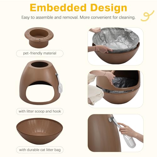 Eggloa6 Hidden Cat Litter Box with Artificial Plants ＆ Odor Removal System, Egg-Shaped Enclosure Includes Scoop ＆3PCS Liners Secret, Discreet Furniture, DIY Assembly Cat Litter Box Cabinet (Brown) - color: Brown