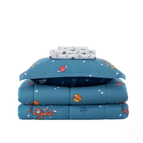 Berkshire LIG Printed Reversible Microfiber Comforter Set–5-Piece, Ultra Soft All-Season Bedding, Wrinkle & Fade Resistant, Twin, Space Explorer Smoky Blue - color: Space Explorer Smoky Blue, size: Twin