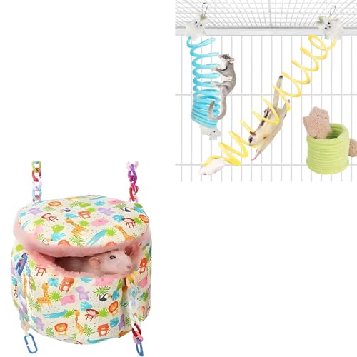 Rat Hammock and Sugar Glider Toy Set Cozy Hanging Bed with 3 Piece Climbing Ropes for Small Pets Includes Green Blue Yellow Swing Toys