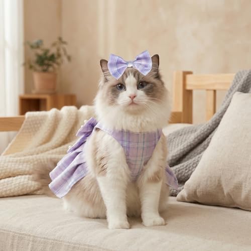 Cute Plaid Dog Dress Clothes for Small Dogs Cats Girl Purple Plaid Dog Dress with Pearls Bow Tie Harness Leash for Spring Summer Birthday Puppy Bunny Rabbit Yorkies Chihuahua Outfits - size: S