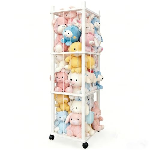Stuffed Animal Zoo Storage with Lockable Wheels, White | Sturdy Solid Wood Toy Organizer, Large Capacity Plush Toy Cage, Space-Saving for Toddler/Playrooms/Bedrooms - color: White