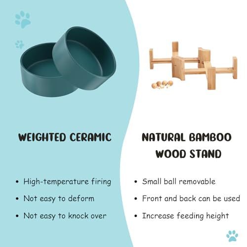 SPUNKYJUNKY 15° Slanted Ceramic Dog and Cat Bowl with Wooden Stand, Tilted Bulldog Food and Water Bowl No Slip Non-Spill for Cats Medium Dogs Big Face Pets 28.7 OZ (3.6 Cups, Green × 2) - color: Green, size: 3.6 CUPS × 2