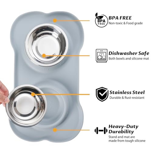 Hubulk Pet Dog Bowls 2 Stainless Steel with No Spill Non-Skid Silicone Mat + Pet Food Scoop Water and Food Feeder Bowls for Feeding Small Medium Large Dogs Cats Puppies ( Gray) - color: Gray, size: Small