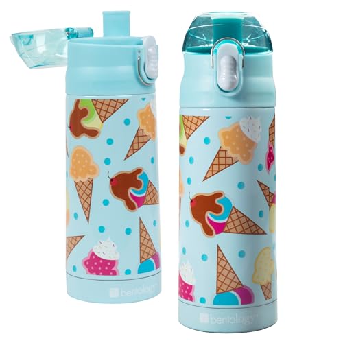 Bentology Stainless Steel 13 Oz Reusable Water Bottle for Kids, Ice Cream | Double Wall Insulated, Spill Proof Lid W/Built-in Straw- Keep Liquids Hot or Cold- Easily Fits in Lunch Boxes & Bags - color: Ice Cream