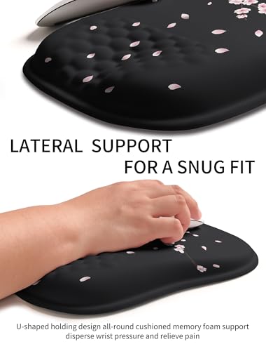 Hokafenle Ergonomic Wrist-hugging Mouse Pad Wrist Support, U-shaped Holding Wrist Rest Mousepad for Carpal Tunnel Pain Relief with Cushioned Memory Foam Slope Massage Bulge (10.2x8.3 in,CherryBlossom) - color: Cherryblossom