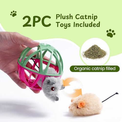 Cat Toys for Indoor Cats - Interactive Ball Cage Cat Toy with Realistic Mice Sounds & 2 Catnip Plush Toys, Motion-Activated Hunting Simulation Toy for Cats - color: Gray