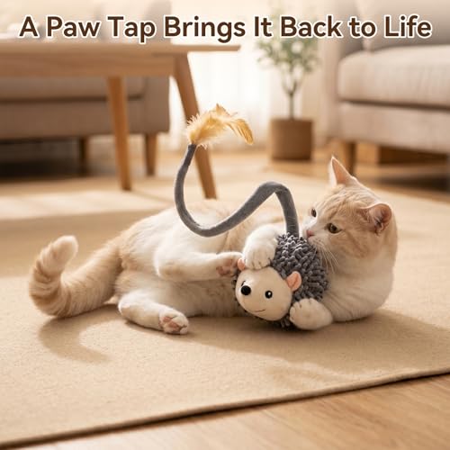 Migipaws Interactive Hedgehog Cat Toy 360° Rolling & Spin with Soft Plush Tail for Indoor Cats Smart Motion Sensor, Realistic Squeak, Rechargeable Plush Kitten Toy (Grey)
