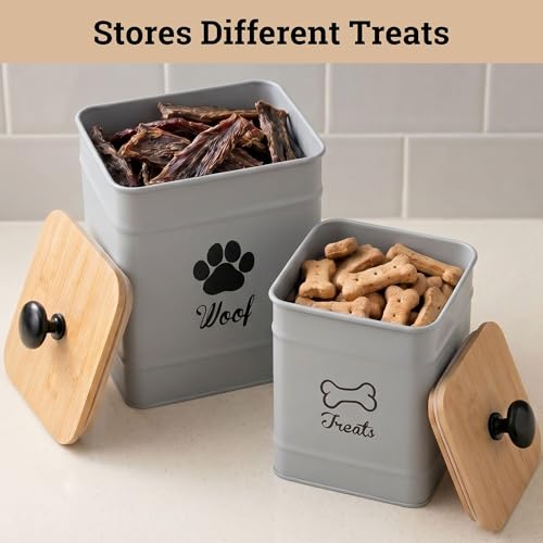 Dog Treat Container Set of 2 with Airtight Bamboo Lids - 8x6 & 7x5 inch | Fits All Popular Treats, Up to 20 Cups Combined Capacity, Airtight Bamboo Lid, Easy Open Lid, Dent-Resistant Durable Metal - color: Gray - Large