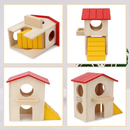 Hypeety Wooden Hamster Villa House & Maze Hideout Cage - Exercise Toys for Dwarf Hamsters, Gerbils, and Small Pets Natural Wooden Habitat with Climbing Accessories (Villa House) - color: Red