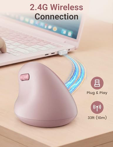Ergonomic Vertical Wireless Mouse, 57°, Small/Medium Hands, Pink | Rechargeable, Quiet Click, 800/1200/1600 DPI, 2.4GHz USB Receiver, Forward/Back Buttons, Computer Mouse for Laptop PC Mac - color: Pink