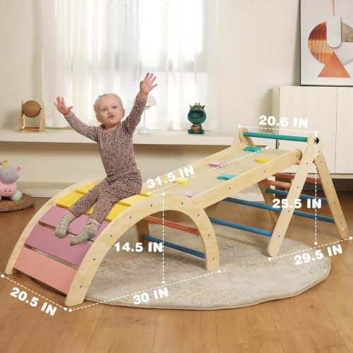 Pikler Triangle Set with Cushion, 7 in 1 Toddler Climbing Toys Indoor | Foldable Space-saving Design, Montessori-inspired Learning, Reversible Slide & Ramp, ASTM F963 Standards for Toddlers 18M-5Y - color: Rainbow
