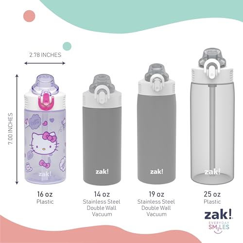 Zak Designs Sanrio Hello Kitty Sage 16oz Leak-Proof Straw Kids Water Bottle | BPA Free, Durable Plastic, Cupholder Friendly, Dishwasher Safe, Easy to Clean, Lid Lock, Handle, For School, Home, Travel - color: Hello Kitty, size: 16 Ounces
