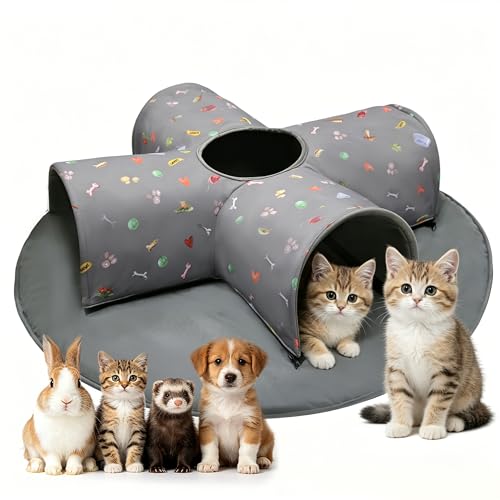 4-Way Indoor Cat Tunnel Bed with Top Peek Hole, 2-in-1 Collapsible Hideout with Removable Washable Mat, Interactive Play Tunnel for Cats, Kittens, Rabbits, Ferrets & Small Pets