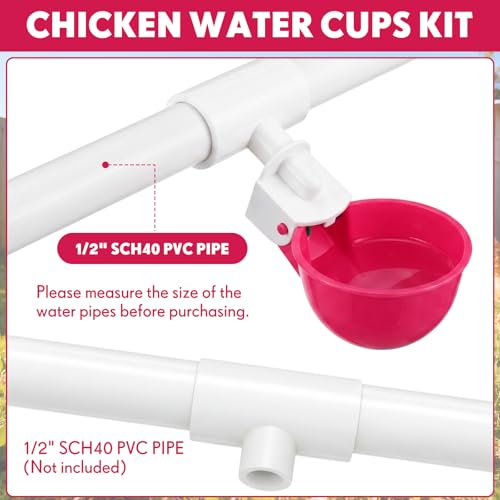 LemonRoad 30 Set Automatic Chicken Waterer Cups with 1/2" PVC Tee Fitting Chicken Drinking Bowl, Poultry Drinker Mounting Hole Opener,Water Dispenser Feeder for Duck, Goose, Pigeon(Rose Red) - color: Rose Red