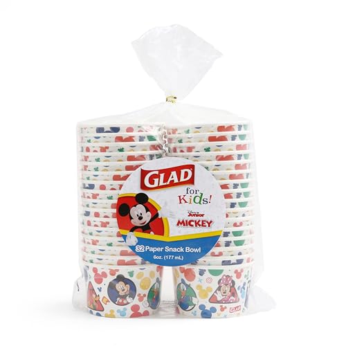 Glad Disney Mickey and Friends Disposable Snack Bowls, 6 Oz, 32 Ct, 2-Pk | Heavy-duty paper, soak-proof, no lids, soup ice cream and everyday treats - size: 32 Count (Pack of 2)