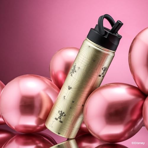 JoyJolt Disney MonoMouse Stainless Steel Water Bottle with Flip Straw Lid, 22 oz Vacuum Insulated Water Bottle, BPA-Free Tumbler ft Minnie & Mickey Mouse | Gold