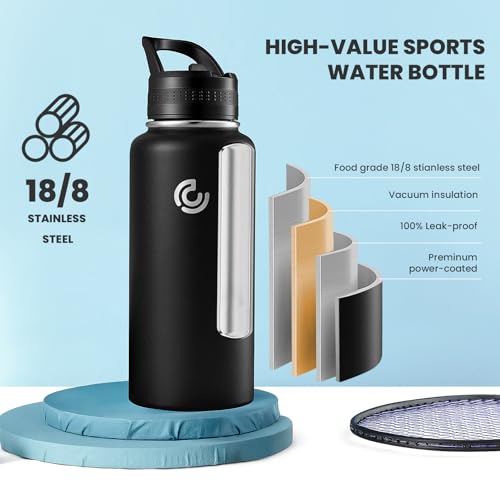 COKTIK 32oz Sports Water Bottle, Stainless Steel Water Bottle for Insulated, Reusable Travel Bottle, With Straw, With Handle Grip for Easy Carrying, Suitable for Cycling, Outdoor Vacations(Black) - color: Black, size: 32 Ounces