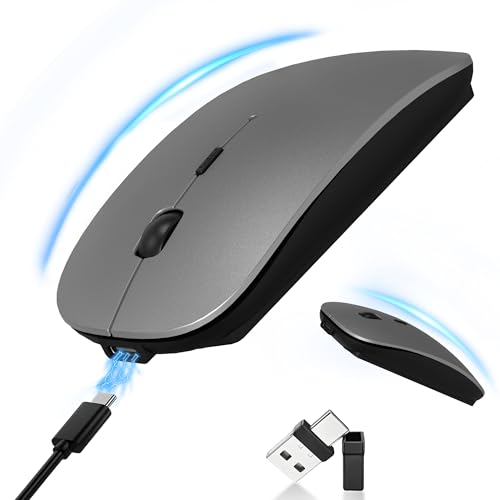 Slim Bluetooth Wireless Mouse with Jiggler - Gray | Rechargeable Portable Mouse, BT5.2 & 2.4G, USB-C/USB-A Receiver, Adjustable DPI for MacBook, iPad, Laptop & PC - color: Gray