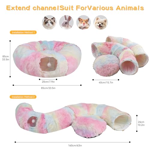 Cat Tunnel with Cat Bed for Indoor Cats, Under Christmas Tree Soft Plush Peekaboo Cat Cave Donut Tunnel, Multifunctional Playground Toys Hideplace for Kittens, Rabbit, Ferret - color: Rainbow colors